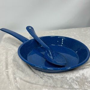 Vintage Enamelware blue white camping speckled pan and large spoon